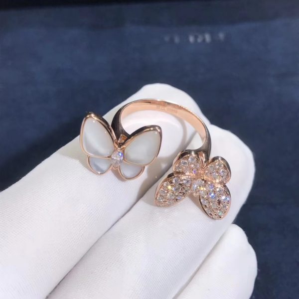 Two Butterfly Between the Finger ring, rose gold, white mother-of-pearl