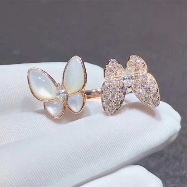 Two Butterfly Between the Finger ring, rose gold, white mother-of-pearl