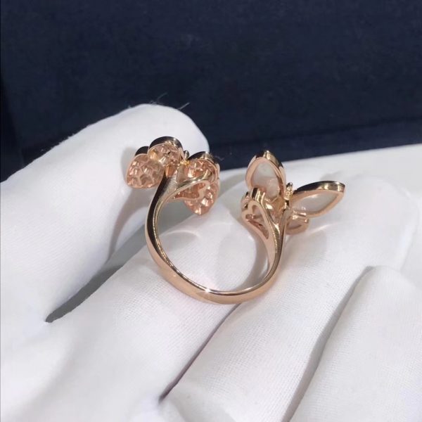 Two Butterfly Between the Finger ring, rose gold, white mother-of-pearl