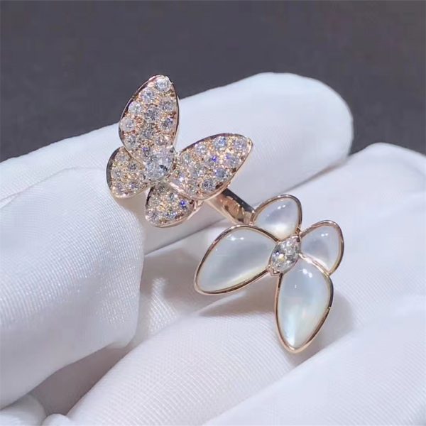 Two Butterfly Between the Finger ring, rose gold, white mother-of-pearl