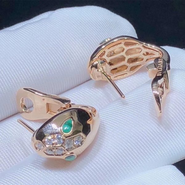 Bvlgari Serpenti earrings in 18 kt rose gold, set with malachite eyes and demi pavé diamonds