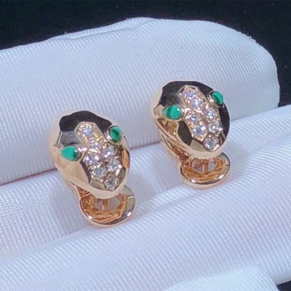 Bvlgari Serpenti earrings in 18 kt rose gold, set with malachite eyes and demi pavé diamonds