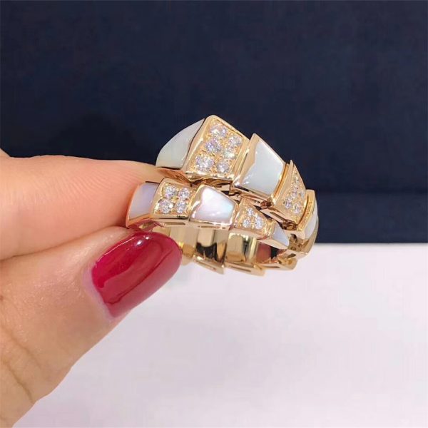 Bvlgari Serpenti one-coil ring in 18 kt rose gold, set with white mother of pearls elements and demi pavé diamonds