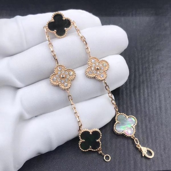 VCA Vintage Alhambra bracelet, 5 motifs Rose gold, Mother-of-pearl, Diamond