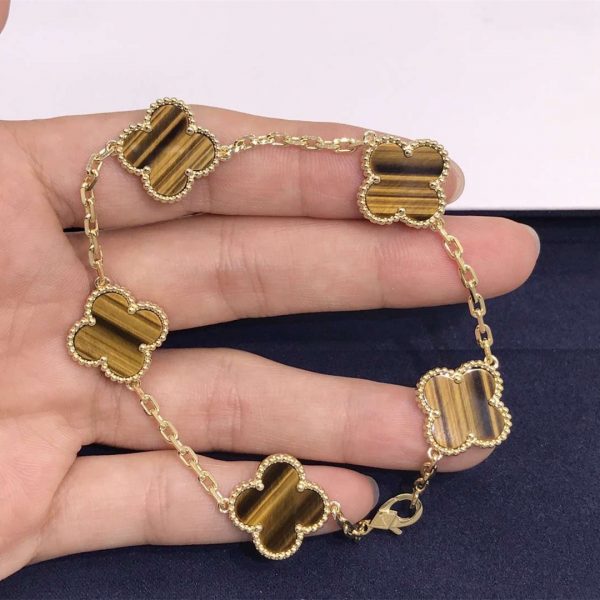 Vintage Alhambra bracelet, 5 motifs Yellow gold, Tiger Eye